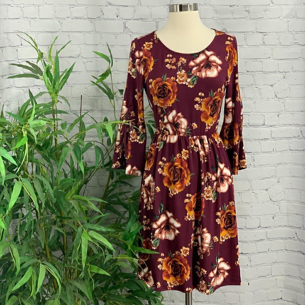 Gilli Maroon w/ Orange & Dusty Pink Floral Dress - Picture 7 of 7
